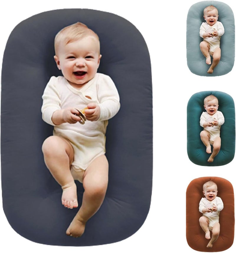 Loevin Baby Lounger for Newborn,Baby Play Mat Soft Cotton Breathable for Playtime & Awake-Time,Flat Babies Essentials Gifts 0-12 Months Home Travel(Dark Gray) - Image 1